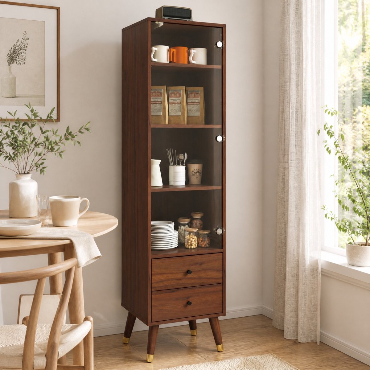 DESMIU Vitrinekast - Glazen Deur Met Drukopensysteem - Voor Woonkamer Badkamer En Kantoor - MDF - 39,8x35x160 Cm - Walnoot