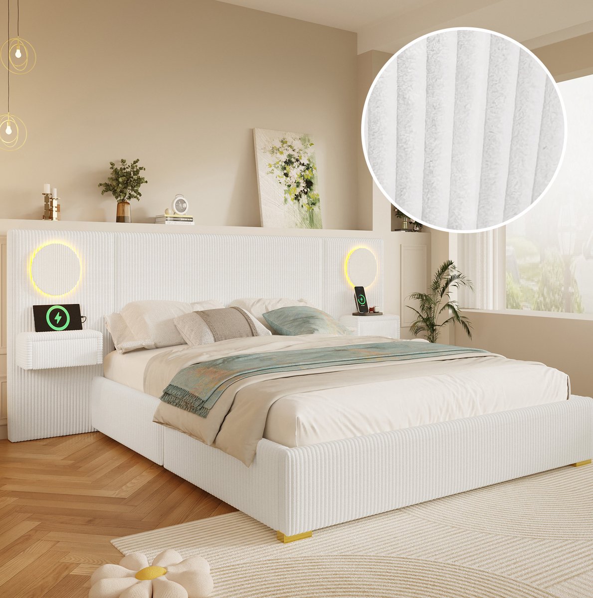 REDOM - Tweepersoonsbed - Gestoffeerd hoofdbord - LED verlichting met kleurwisseling - USB aansluitingen en opberglades - Fluweel en MDF - Beige - 180 x 200 cm