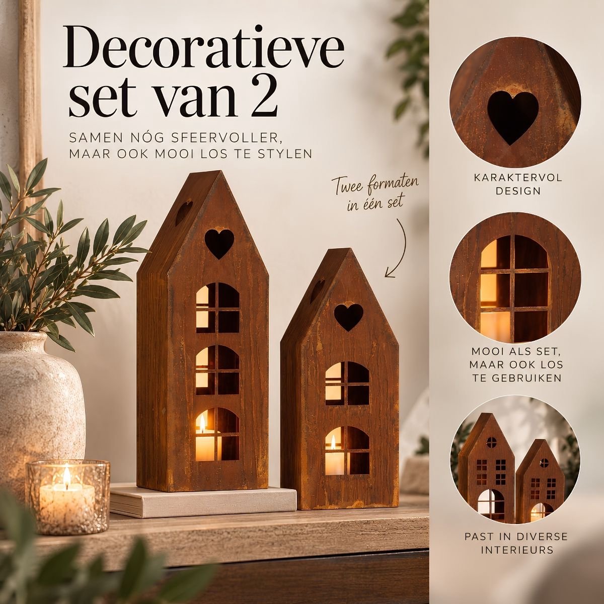 Mica Decorations Lantaarn Huis Roest Set van 2 - Decoratieve Lantaarns in Huisvorm - Sfeervolle Verlichting voor Kaars of LED - Gemaakt van Ijzer - L16,5 x B12 x H48 cm - Roestbruin — cadeau in Wonen & Interieur - foto 8
