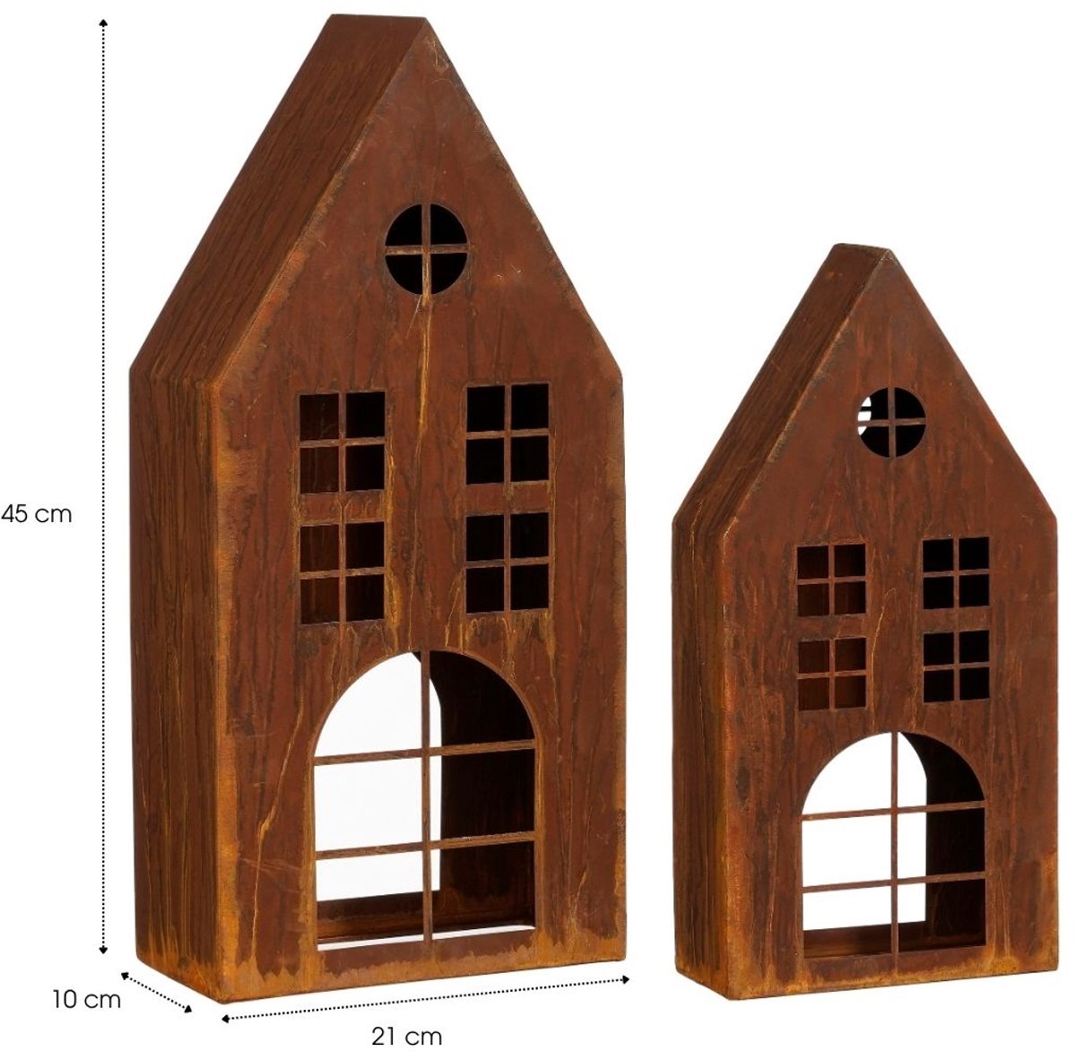 Mica Decorations Lantaarn Huis Roest Set van 2 - Decoratieve Lantaarns in Huisvorm - Sfeervolle Lantaarnset van Ijzer voor Kaars of LED-verlichting - L21 x B10 x H45 cm - Bruin — cadeau in Wonen & Interieur - foto 3