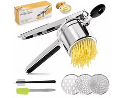 Ryoudavell - Aardappelpers - Pureestamper - Inclusief 3 verschillende structuur schijven, een siliconen spatel en een dubbelzijdige reinigingsborstel - RVS - Voor Aardappelpuree Groentepap - Ergonomisch Ontwerp En Siliconen Handvat Pureepers