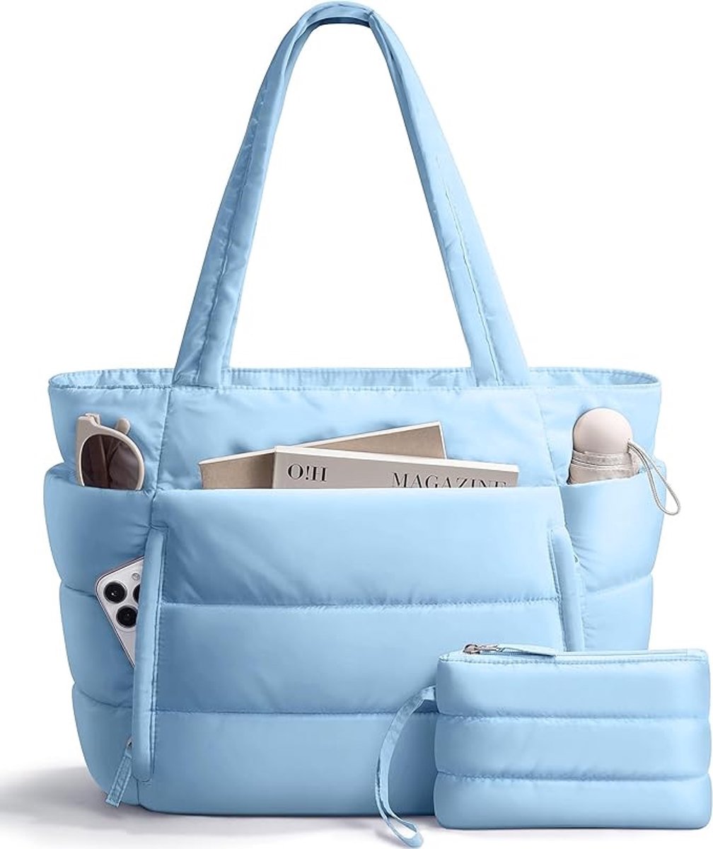 Gewatteerde tote tas voor vrouwen - grote capaciteit werk tas, pluizige wolken schoudertas, sport‑en fitness handtas, past voor 15,14 inch laptop met binnenvakken-Blauw