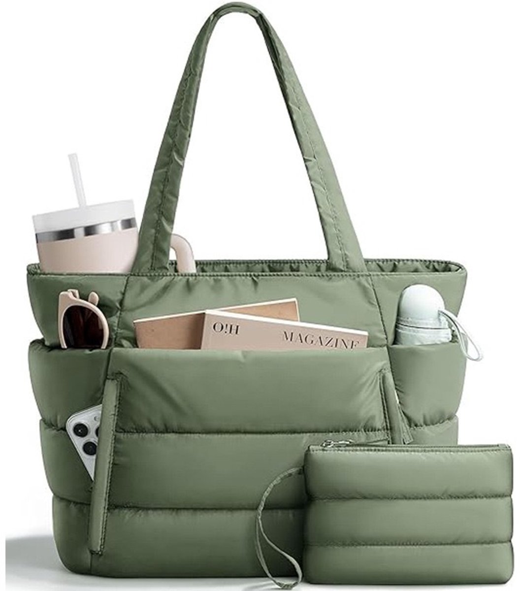 Gewatteerde tote tas voor vrouwen - grote capaciteit werk tas, pluizige wolken schoudertas, sport‑en fitness handtas, past voor 15,11 inch laptop met binnenvakken-Legergroen