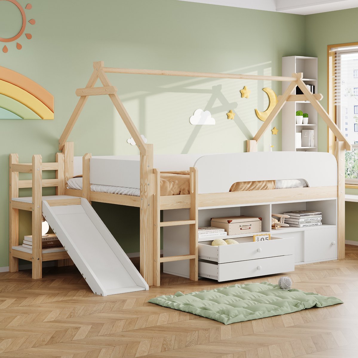 FloraGrace Kinderbed 90 x 200 cm – Hoogslaper Met Glijbaan – Opbergruimte – Voor Kinderen – Hout en MDF – Natuurlijk Wit – Zonder Matras Naturel