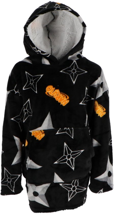 Zwarte hoodie met capuchon met Naruto Shuriken-print en zachte witte voering. Met gele 'NARUTO'-tekst. Voor kinderen van 7-14 jaar.