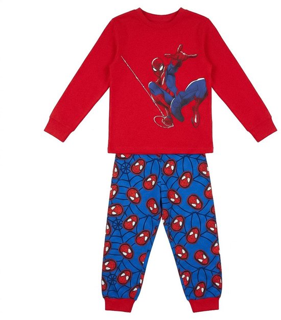 Jongens pyjama met lange mouwen in rood met een Spiderman print. De broek is blauw met een all-over print van Spiderman gezichten.