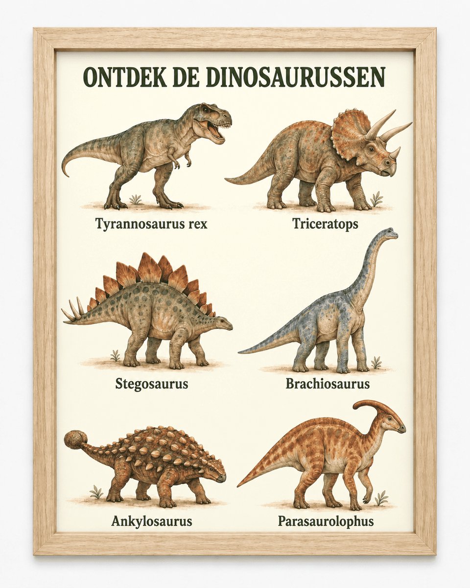 Dinosaurus Poster Kinderkamer | Ontdek de Dinosaurussen | Inclusief Zwarte A3 Lijst