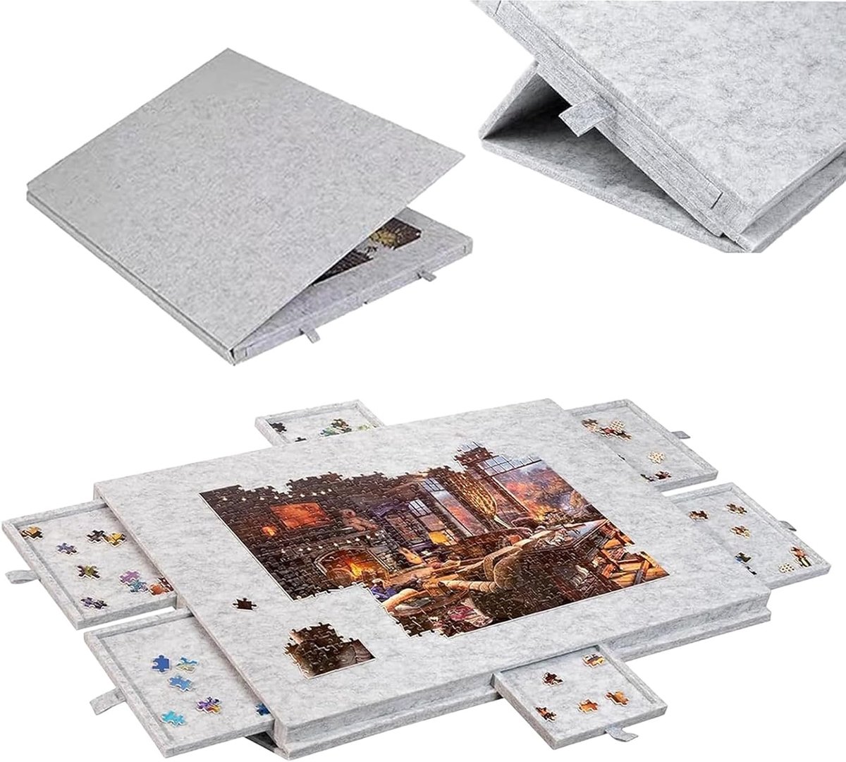puzzelplank, 1000 stukjes, draagbare puzzeltafel van vilt met 6 laden, 2-in-1 puzzelboard met standaard en afdekking voor volwassenen en kinderen, licht en antislip, grijs