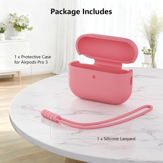 hoes compatibel met AirPods Pro 3e generatie, rondom bescherming, siliconen beschermhoes voor AirPods Pro 3 met trekkoord, zichtbare led aan de voorkant, roze (Bean Pink) — afbeelding 5