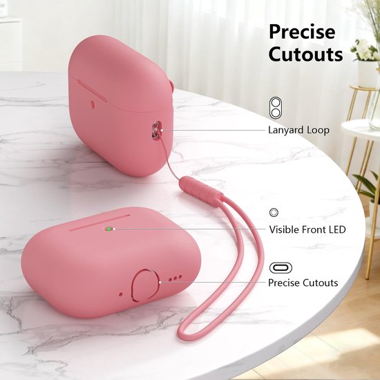 hoes compatibel met AirPods Pro 3e generatie, rondom bescherming, siliconen beschermhoes voor AirPods Pro 3 met trekkoord, zichtbare led aan de voorkant, roze (Bean Pink) — afbeelding 4