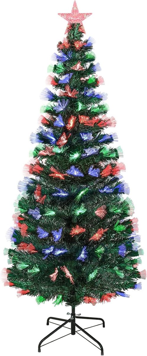 Kerstboom 1,2 m, dennenboom met verlichting, 125 pvc-punt, 3-kleurig glasvezellicht, 8 modi, metalen standaard, kerstdecoratie voor binnen en buiten