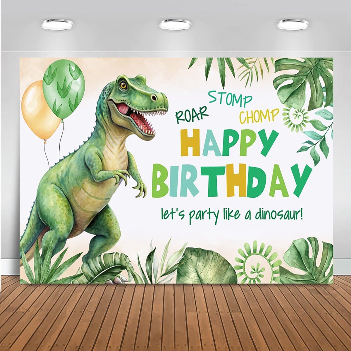 Achtergrond met dinosaurus, cartoon, dino, dier, groene jungle, tropische bladeren, gelukkige verjaardag, fotografie-achtergrond voor kinderen, jongens, meisjes, dino-thema, verjaardagsfeest,