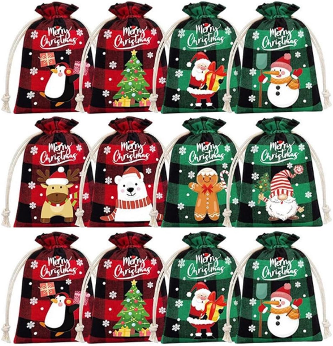 24 stuks kerstzakjes, stoffen zakjes met trekkoord, cadeauzakjes, jute zakjes, adventskalender, zakjes voor snoep
