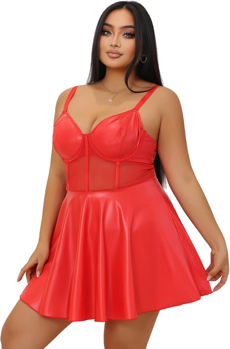 Jurk van kunstleer voor dames, grote maat, mini-jurk, kort, sexy, rugvrij, leer, visnet, transparant, met beugel, lingerieset, transparante lingerieset, cluboutfit, libertijnjurk met