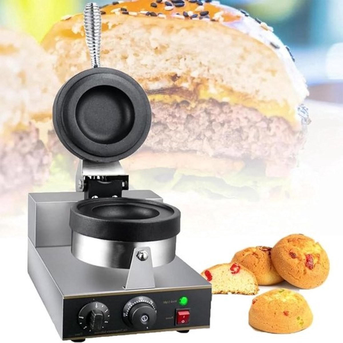 Burger Wafelmaker - Panini Pers - Lekkere Snacks Maken - Dubbelzijdig Verwarmen - Diameter 11.5cm - Zilver