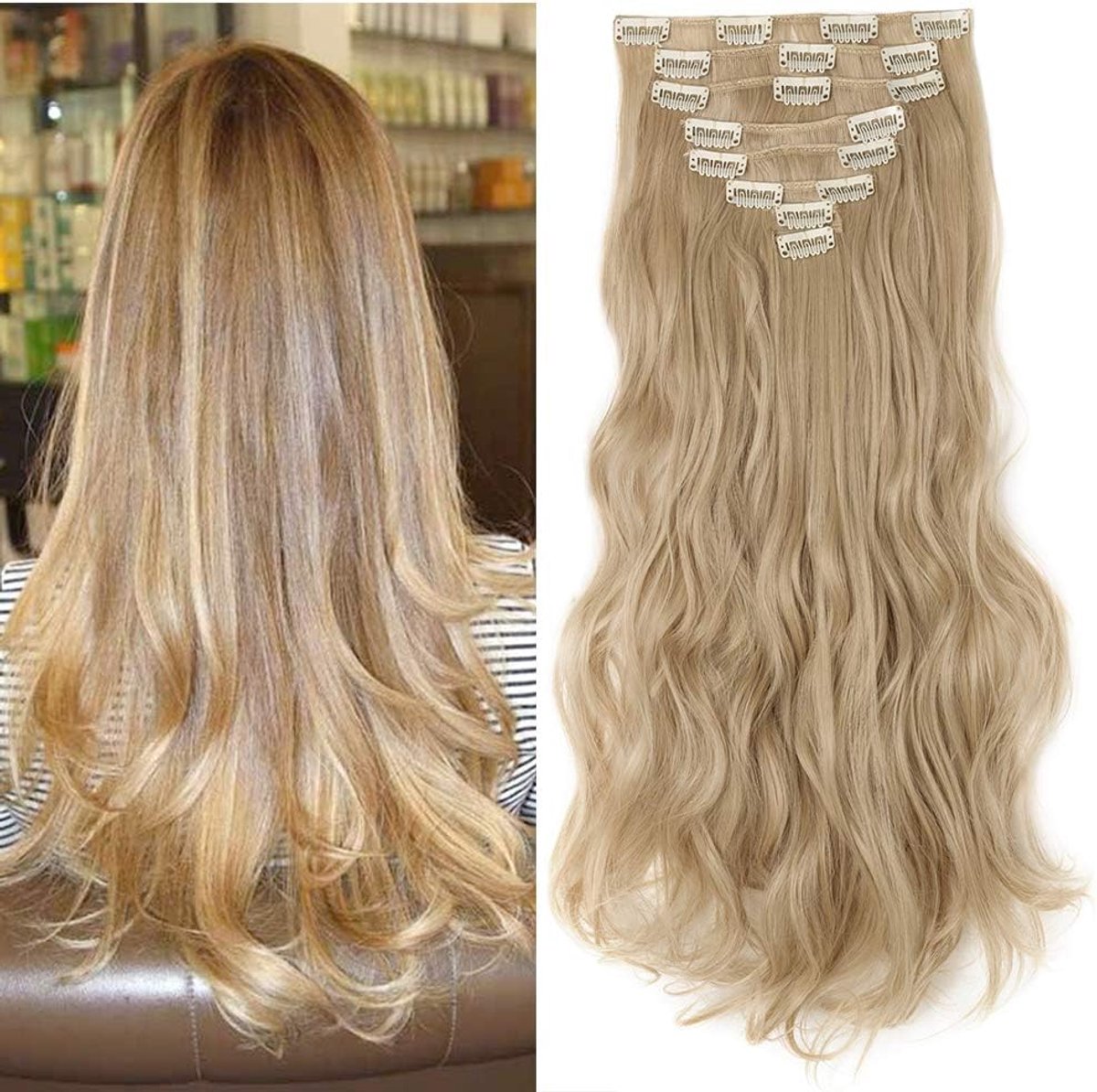 Clip in extensions haarverlenging haarstuk 8 strengen zoals echt haar golvend Donker Blond Mix bleek blond 17 “(43cm)