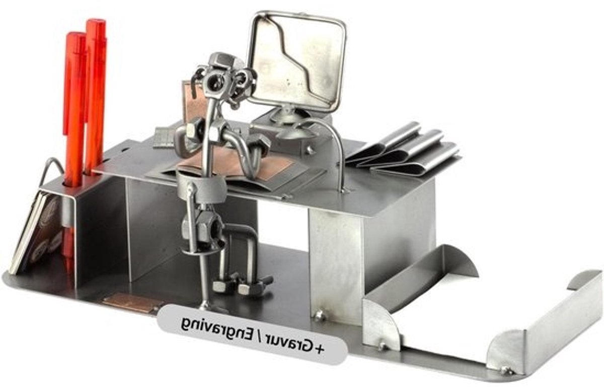 Bureau Organizer Figuur - Metalen Man - Bureau Decoratie - Handgemaakt Uniek - 32 cm Lengte - Zilver/Zwart