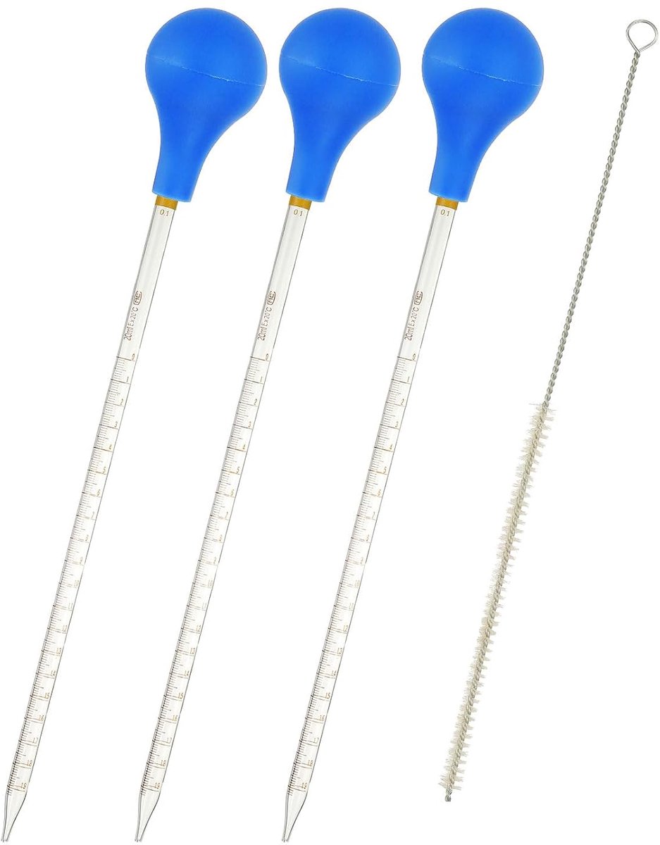 Pipetset met schaalverdeling, 3 stuks, 20 ml, borosilicaatglas, met blauwe rubberen stop en borstel voor vloeibare overdracht, voor laboratorium, chemie, transparant