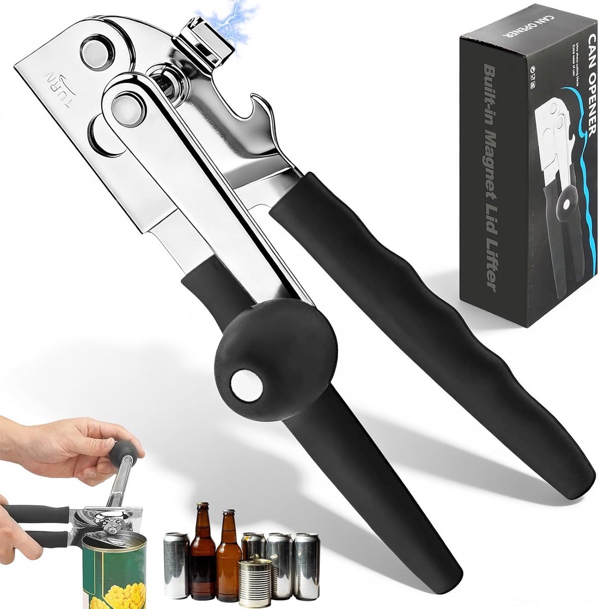 blikopener, handslinger, roestvrijstalen sterke magnetische dekselopener, handheld blikopener met verlengd handvat, geschikt voor keuken en ouderen