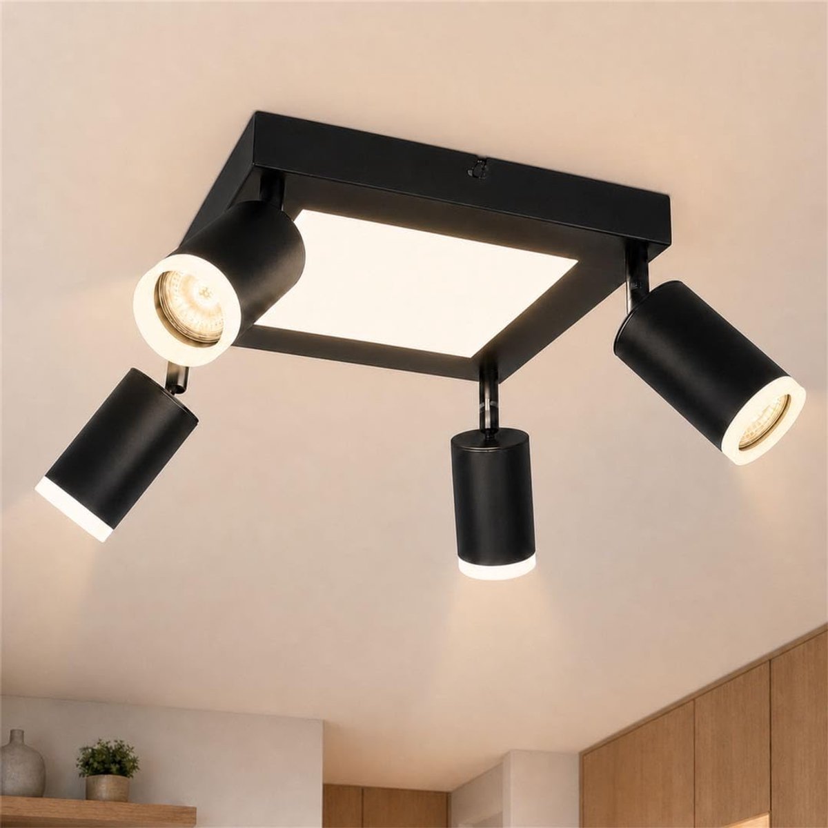 Plafondspot 4 Vlam Zwart - Vierkante Plafondlamp 20W Warmwit
