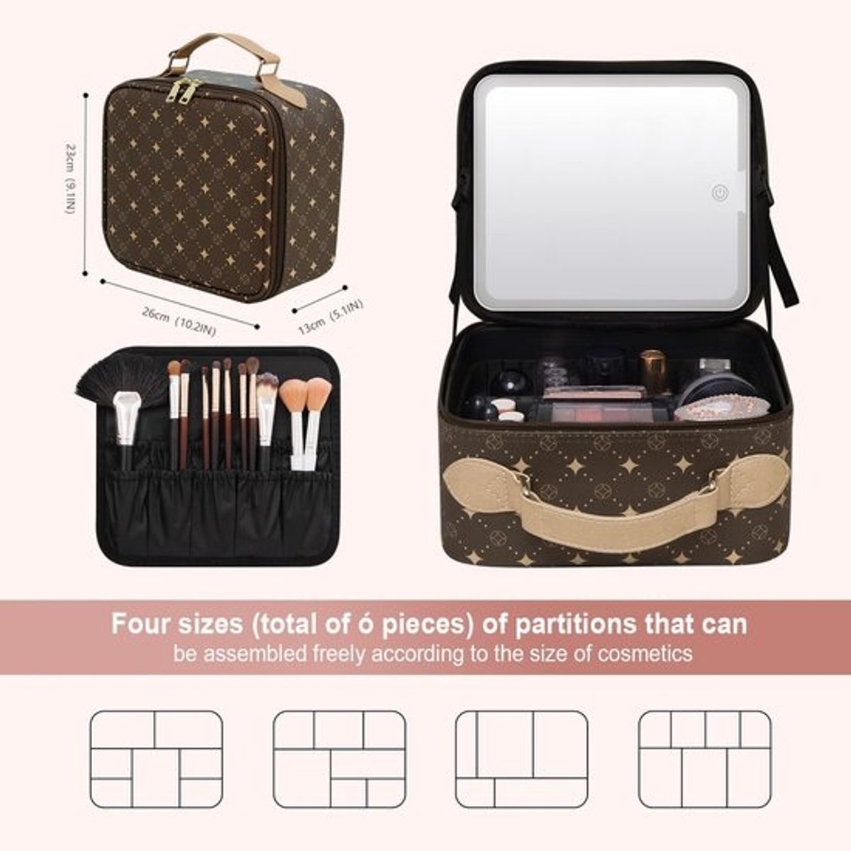 Draagbare Make-up Tas met 360° Draaibare LED Spiegel en Waterdichte Organizer