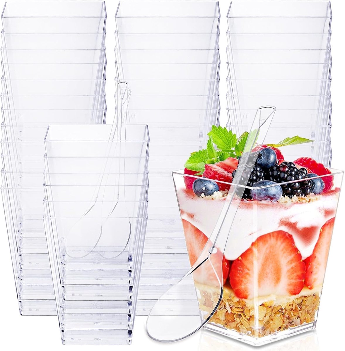 30 stuks dessertglazen van kunststof, dessertbekers van kunststof, 160 ml, dessertkommen, herbruikbaar, dessertbeker met deksel en lepels voor dessert, pudding, mousse, feest