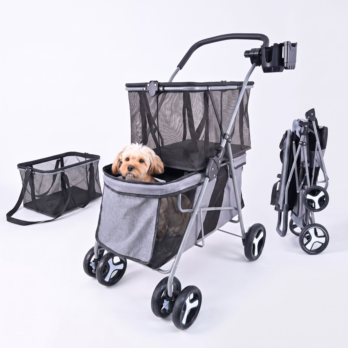 Gotrolly Boodschappentrolley - Dubbele Mand - Bekerhouder - Hondenkar - Geschikt voor Huisdieren - Grijs