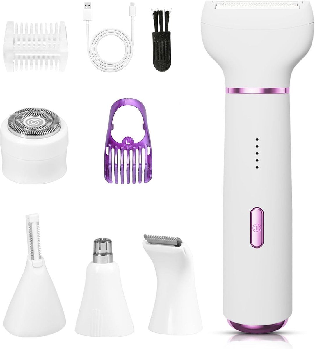 Epileerapparaat voor dames, 5-in-1 intiem scheerapparaat voor vrouwen, 2 standen gezichtshaarverwijderaar, neus- en oorhaartrimmer, wenkbrauwen, nat en droog, elektrisch voor bikinizone, USB