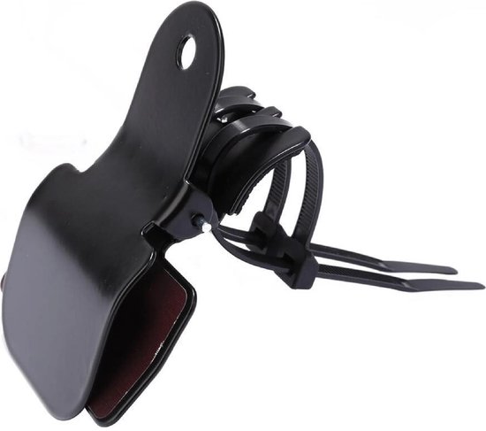 Zwarte metalen klem met klittenbandbevestiging voor een fietsframe.