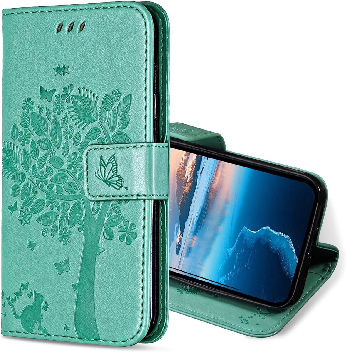 Hoesje voor Google Pixel 9 Pro XL, Kunstleren Bookcase Hoes met Pasjeshouder, Retro Kat en Boom Telefoonhoesjes Wallet Case voor Google 9 Pro XL (Mintgroen)