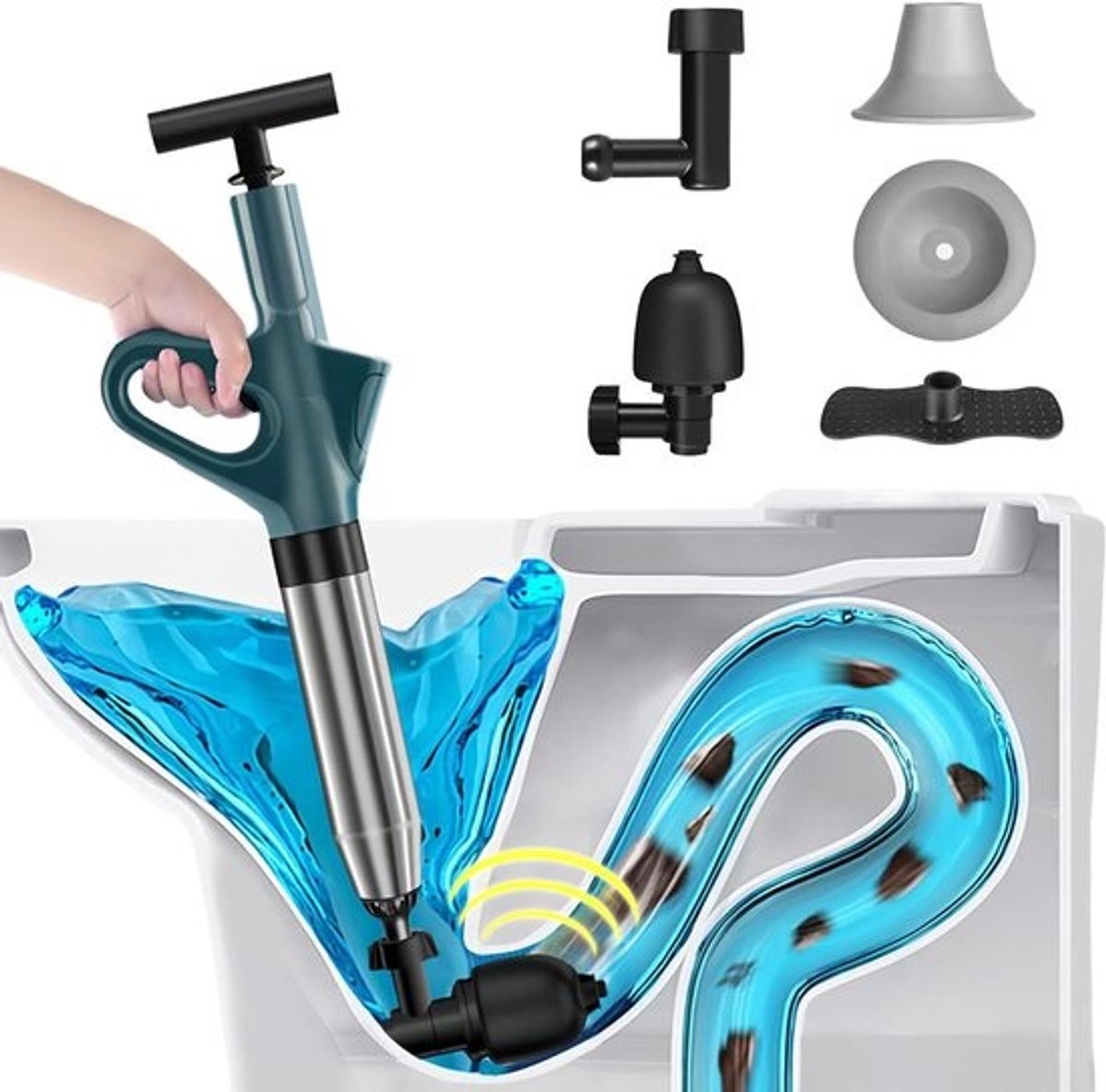 Dat is een behoorlijk lange titel! Hier is een meer beknopte en effectievere versie:"Opblaasbare afvoerreiniger voor toilet en badkamer - inclusief 4 verwisselbare koppen"