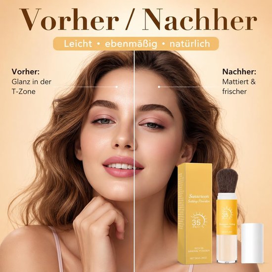 Setting Powder, mineraal zonnebrandpoeder, SPF 35 los poeder met borstel, waterdicht, langdurig, licht en mat gezicht, P-owder, los poeder voor gezicht, hoofdhuid, haar en scheiding — afbeelding 4
