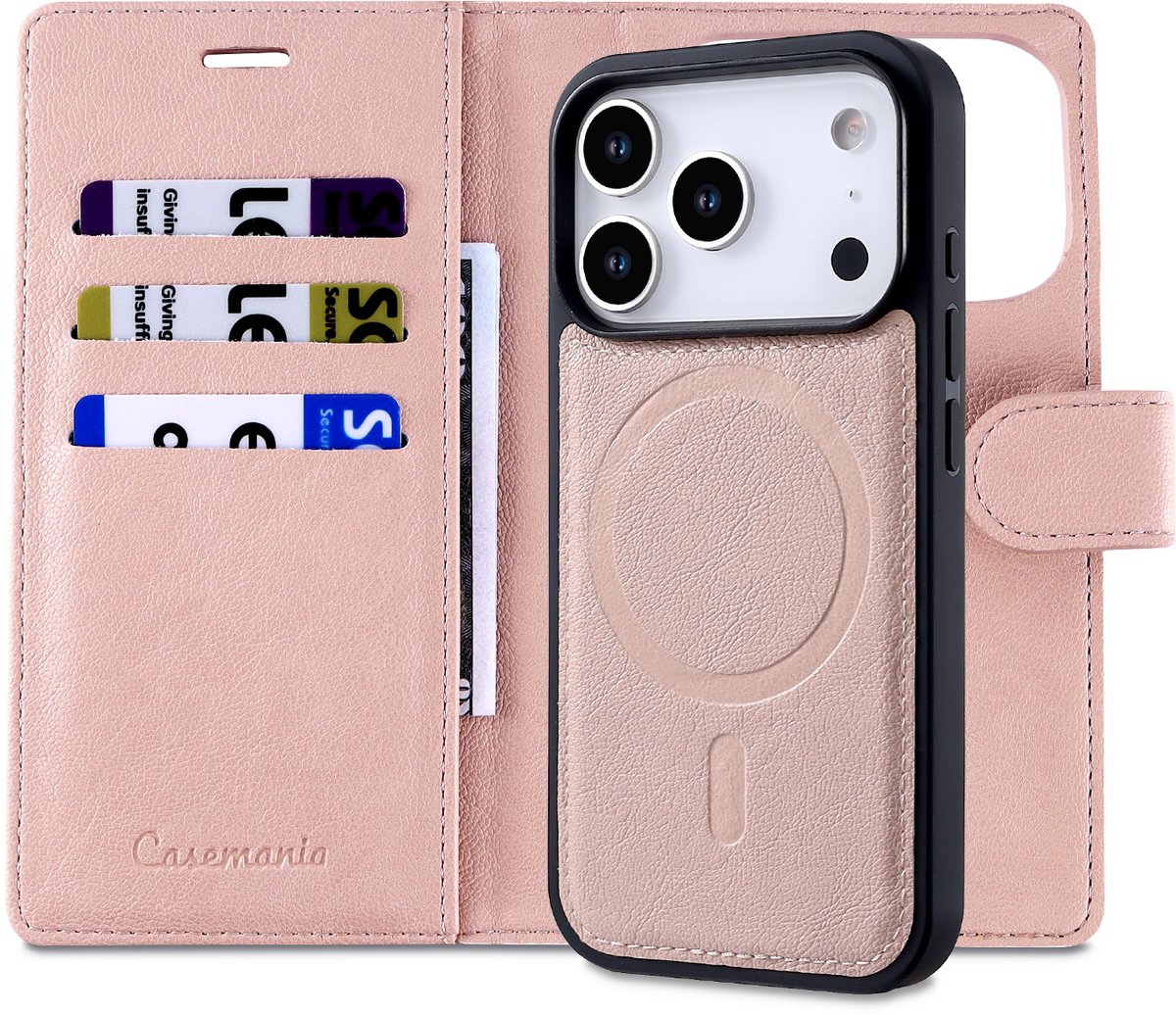 Casemania Hoesje Geschikt voor Apple iPhone 18 Pro Max - Pale Pink - 2 in 1 Afneembare Bookcase van Lederlook met Fijne Nerf - Geschikt voor MagSafe - Portemonnee Telefoonhoesje met Pasjeshouder en Standaardfunctie