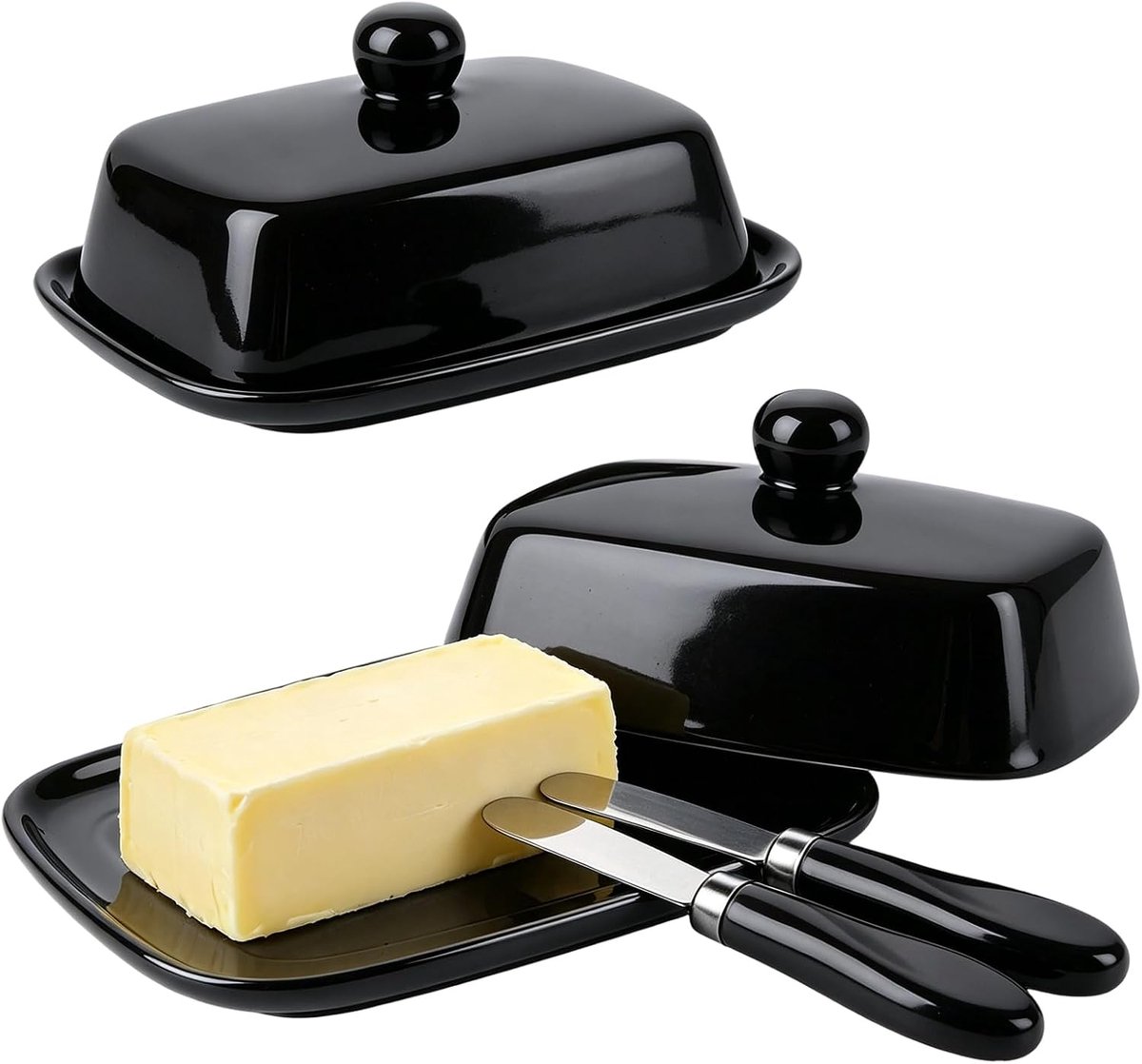 2 stuks zwarte botervetten, botervloot van keramiek met botermes, botervloot van porselein met deksel, rechthoekig design met kogelgreep, botervloot, vaatwasmachinebestendig voor gewone boter