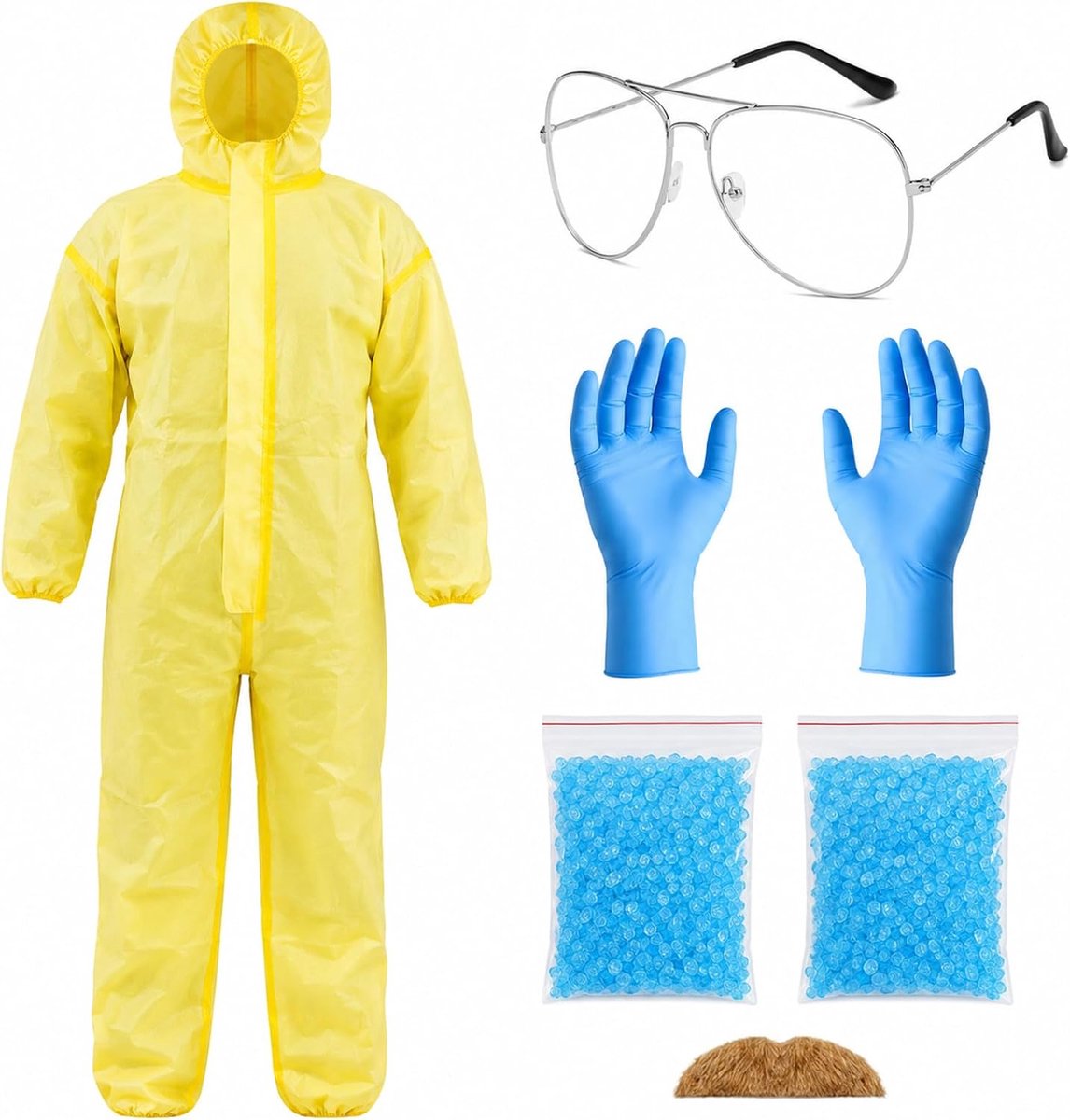 kostuumset voor volwassenen, geel beschermend pak, veiligheidsbril, handschoenen, kunstbaard, Halloween-outfit
