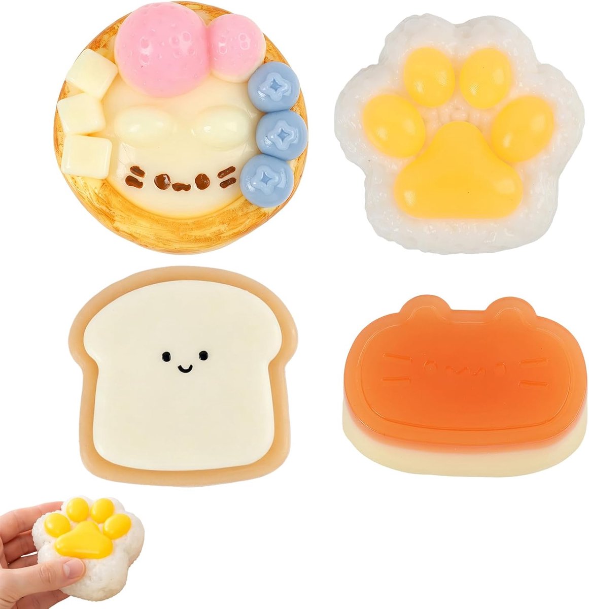 4er set Fufu Squishy speelgoed, Niedliche Katzenkuchen, Karamellkaas, Reisbällen-Katzenpoten und Toast, zachte TPR stress-afbrekende figuren, speelgoed voor alle leeftijdsgroepen, Geschenkidee