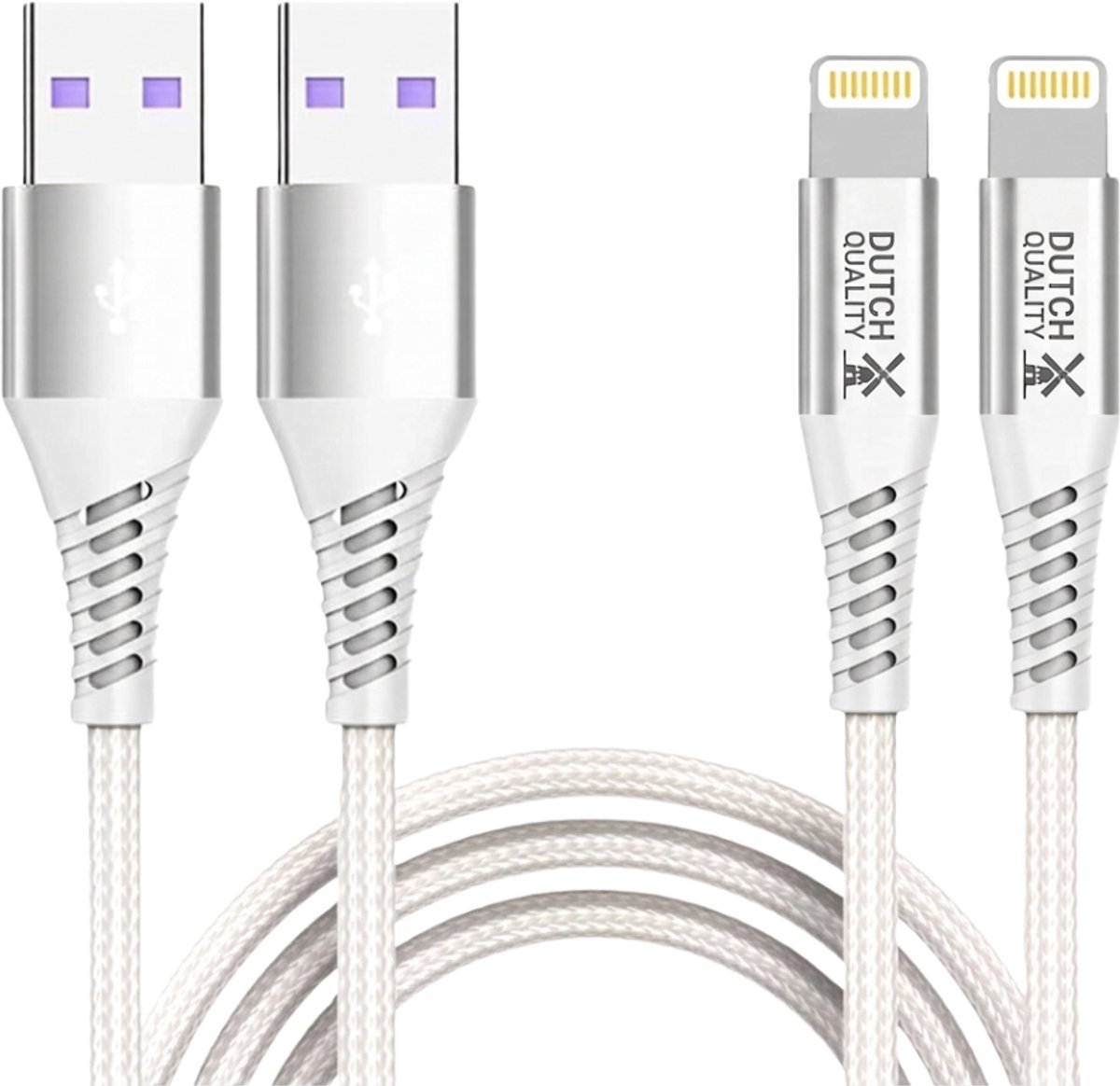 Dutch Quality® 2x 1 meter stevig nylon oplaadkabel USB-A geschikt voor Apple iPhone 14/13/12/11/X/XS/XR/Mini/Pro/Max/8/7/6 - USB A naar lightning laadkabel - Wit – Premium Oplaadset -Oplader kabel (2-pack)