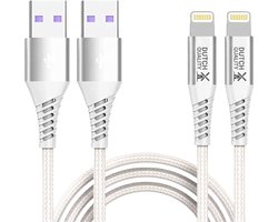 Dutch Quality® 2x 1 meter stevig nylon oplaadkabel USB-A geschikt voor Apple iPhone 14/13/12/11/X/XS/XR/Mini/Pro/Max/8/7/6 - USB A naar lightning laadkabel - Wit – Premium Oplaadset -Oplader kabel (2-pack)