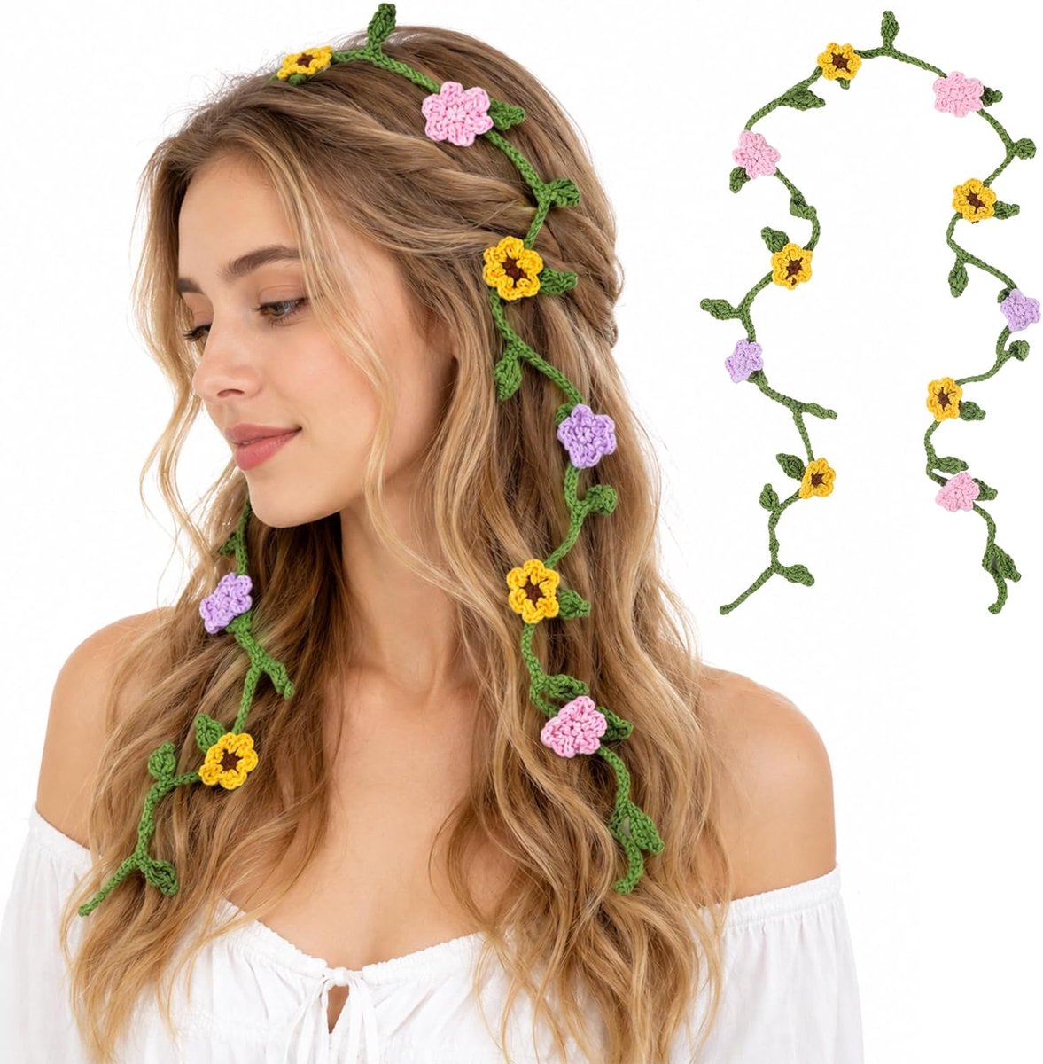meisjeshaarband met gehaakte bloemen handgemaakte haarband voor lang haar elegante boho-haaraccessoire voor dames woondecoratie (Geel)