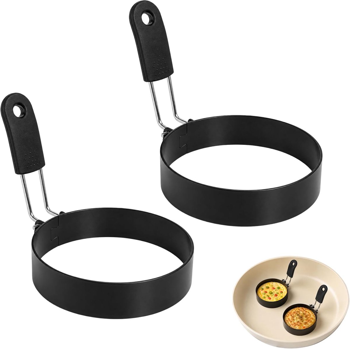 Set van 2 roestvrijstalen eiervormen met siliconen handgreep, Ø 9 cm, spiegeleivorm, pannenkoekvorm, eierringen voor de pan, spiegeleiringen, eiervormen, omeletvorm, spiegeleivormen voor de