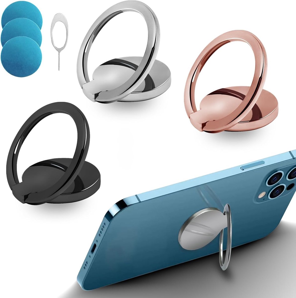 3 stuks telefoonring, 360 graden draaibaar, met 3 stuks ijzer + 1 papieren pen, telefoonhouder voor alle smartphones (zwart + zilver + roségoud)
