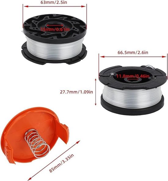 8 A6481- en A6485-draadrollen, geschikt voor Black & Decker-grasmaaiers STC1820CM, STC1820PC, STC1820EPPC, STC1840EPPC, ST5530, ST1823 en GLC1823L20 (8 draadrollen + 2 afdekkappen + 2 veren) — afbeelding 2
