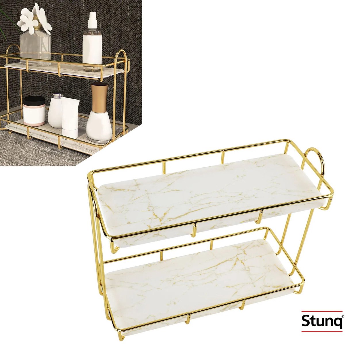 Stunq® 2-laags opbergrek goud/wit – badkamer make-up organizer met marmeren plateaus