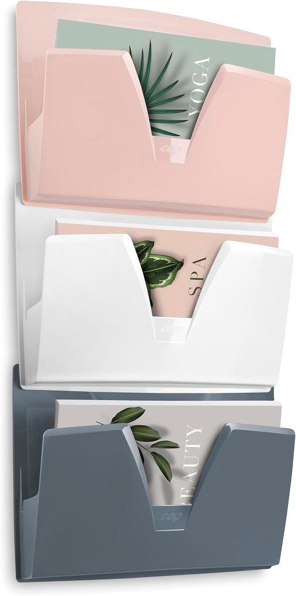 Set van 3 wandmanden poederroze wit grijs display opslag kantoor documenten formaat 24 x 32 cm map organizer