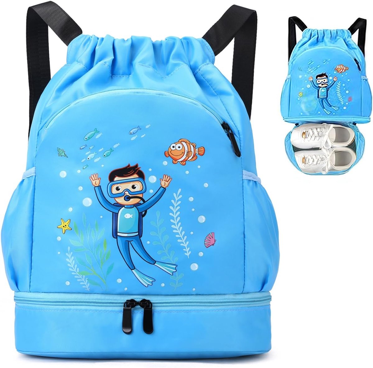 Zwembadtas voor kinderen, waterdichte sportrugzak, sporttas met vakken, voor jongens, meisjes, kinderen, zwembad, strand, vakantie, camping, Hemelsblauw (duiker)