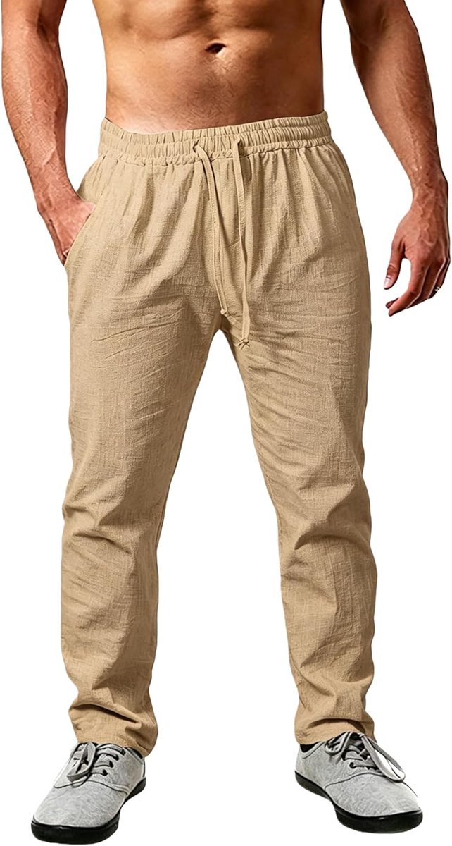 Linnen broek heren lange lichte zomerbroek losse fit vrijetijdsbroek met trekkoord zakken voor vakantie strand dagelijks gebruik