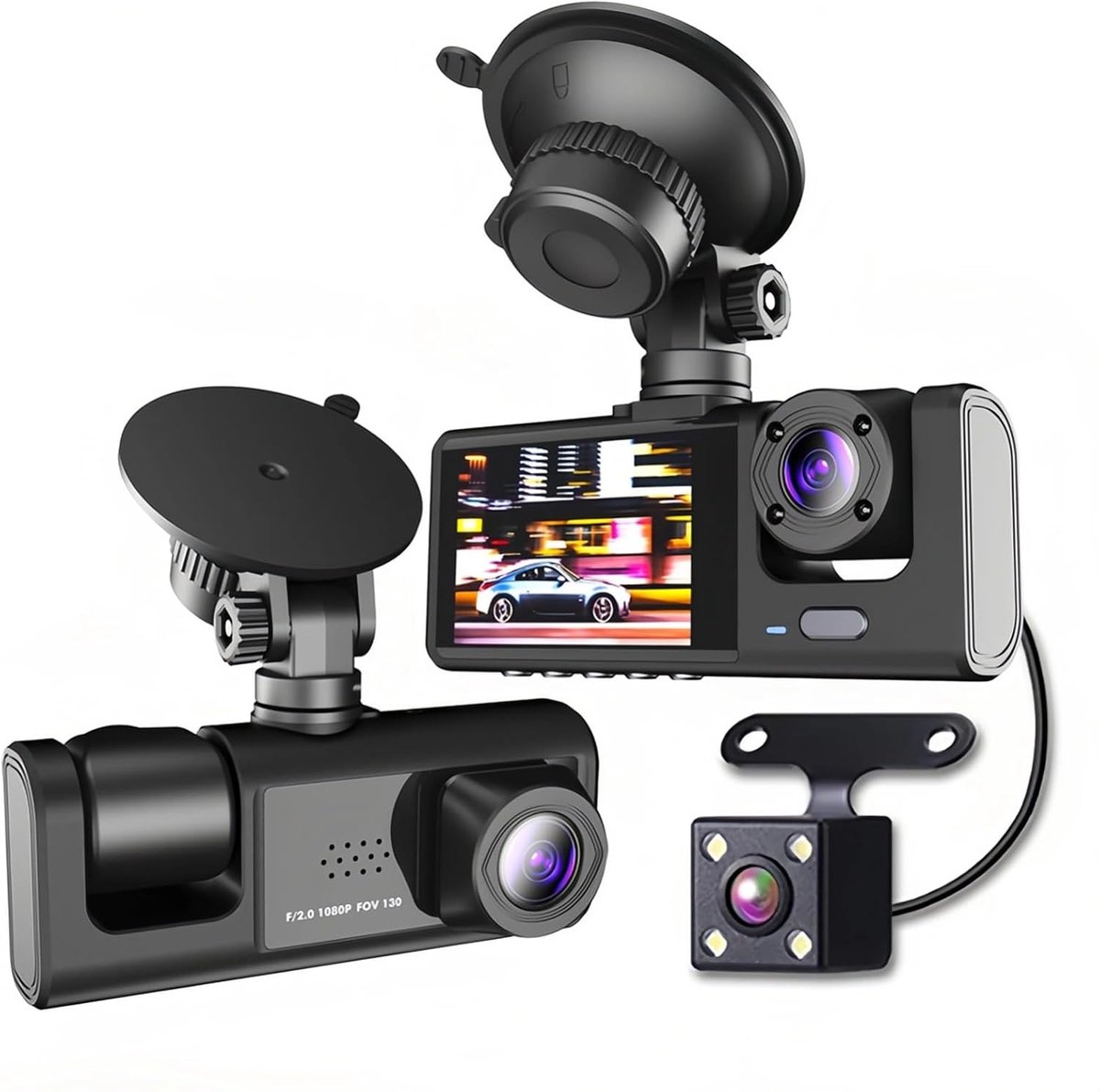 1080P High Definition Dash Camera, Drieweg, Grote Groothoek, Binnen en Buiten Auto-opname met Beeld in Beeld, Eenvoudige Installatie, Multinationale Taalondersteuning