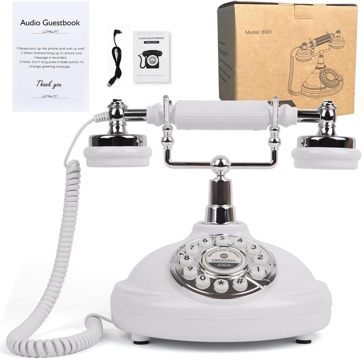 Gastenboek Huwelijkstelefoon, Neem Aangepaste Audioboodschap op met Gastenboek Retro Telefoon Audio Gastenboek voor Huwelijk Verjaardag Feest Belijdenis, Wit