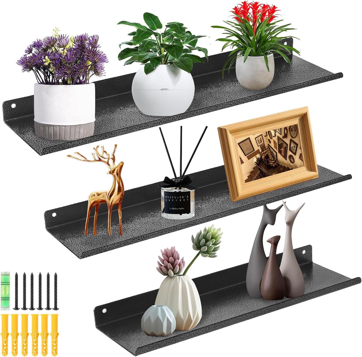 Zwevende planken, rustieke ijzeren wandplanken, set van 3, decoratieve fotoboek displayplanken voor slaapkamer, woonkamer, keuken, badkamer en kantoor, zwart met zilveren stippen