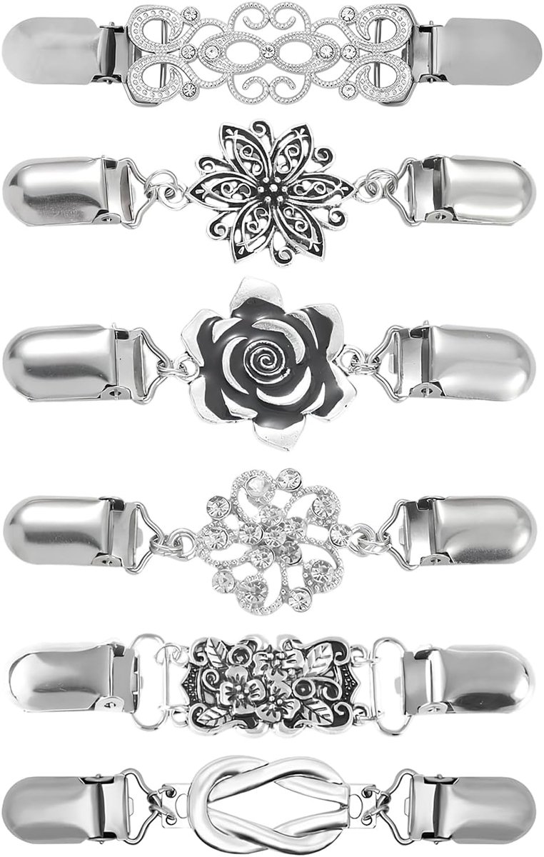 6 vintage truien cinch-clip, kledingstukken, sjaalclips, strasssjaalgespen, accessoires van legering, zilver, geschikt voor truien, broeken, sjaals, jassen en jurken, voor dames en meisjes
